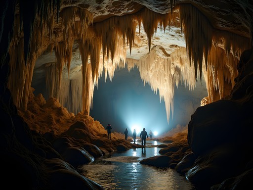 Cave explorers with headlamps illuminating massive stalactites in the Grand Gallery of Rat's Nest Cave near Calgary