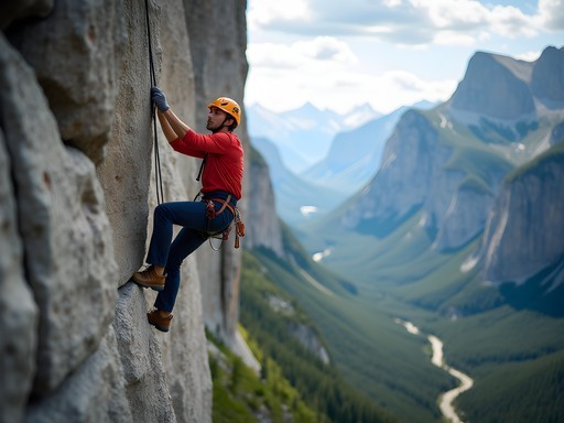 Rock climber scaling limestone face on Heart Mountain near Calgary with valley views below
