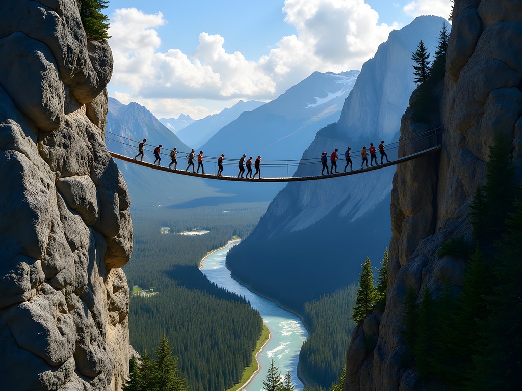 Adventurers crossing suspension bridge on Mount Norquay via ferrata route with valley views below