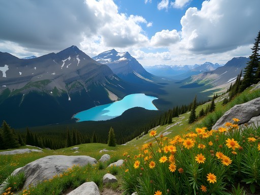 Panoramic view from alpine ridge during heli-hiking adventure in the Rocky Mountains near Calgary