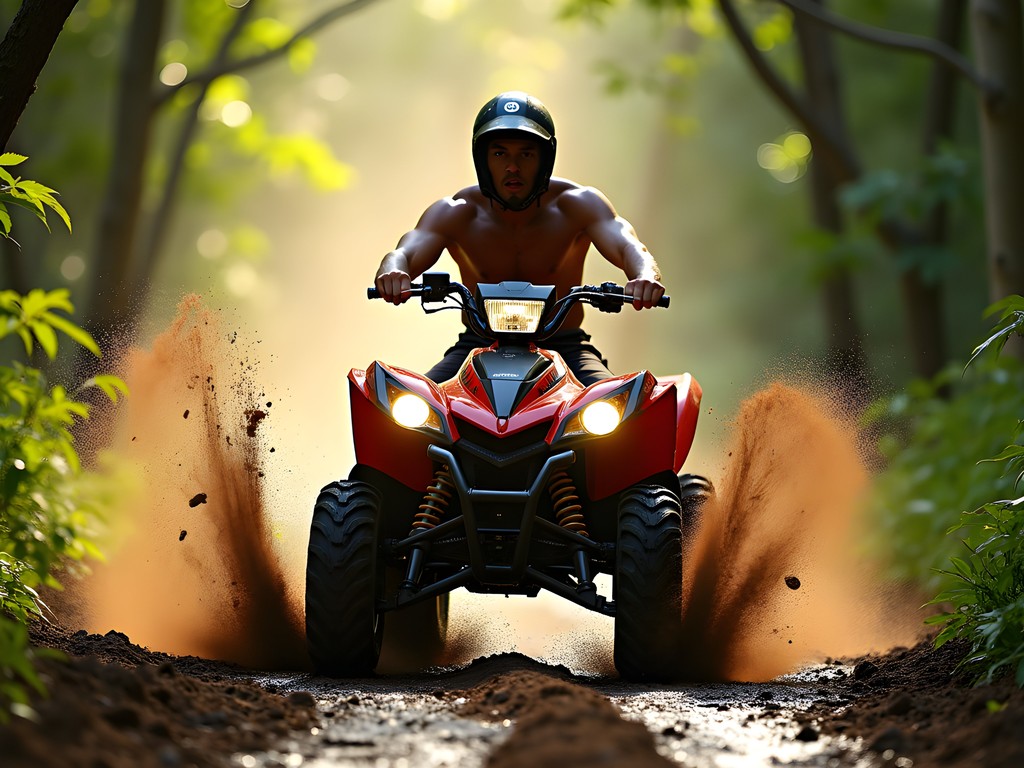 Person riding ATV through muddy jungle trail near Cancun