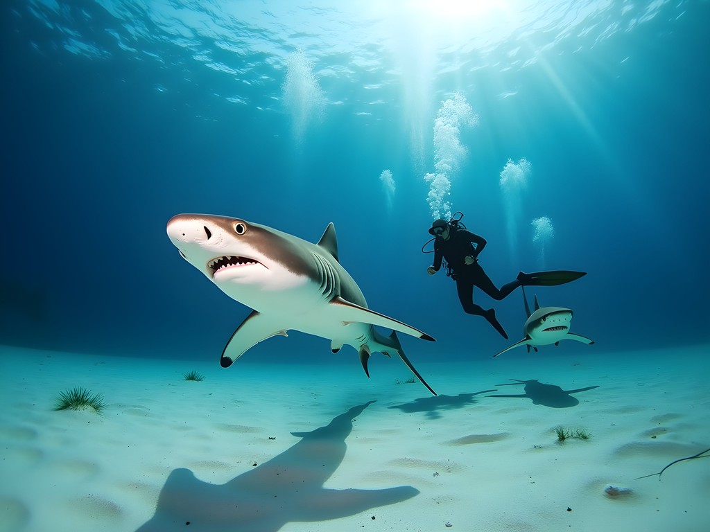Divers observing bull sharks in waters near Cancun, Mexico