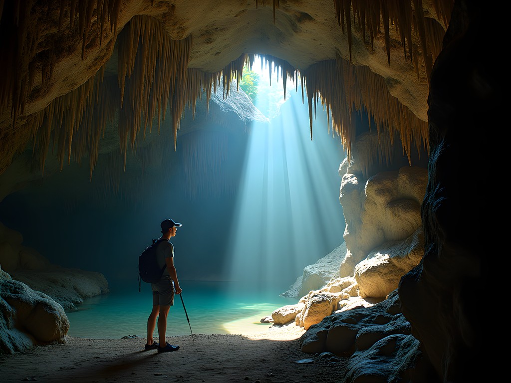 Caver exploring dramatic underground limestone formation in Yucatan cave system