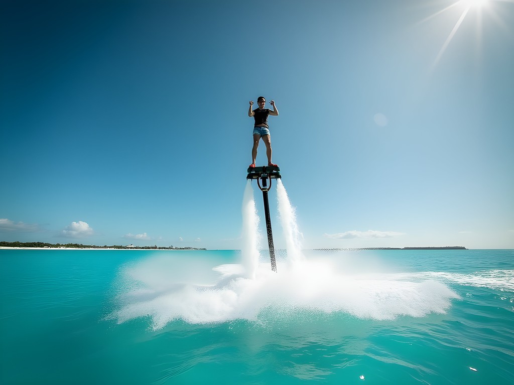 Person flyboarding above turquoise Caribbean waters in Cancun