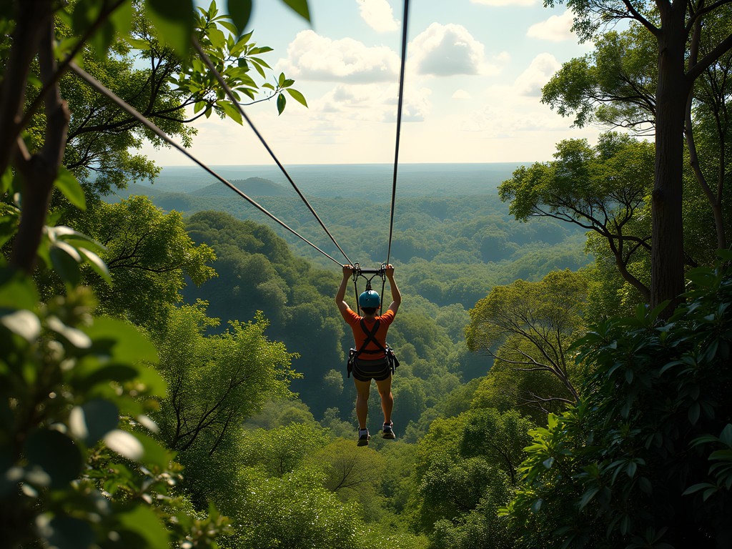 Person zip-lining through lush jungle canopy near Cancun