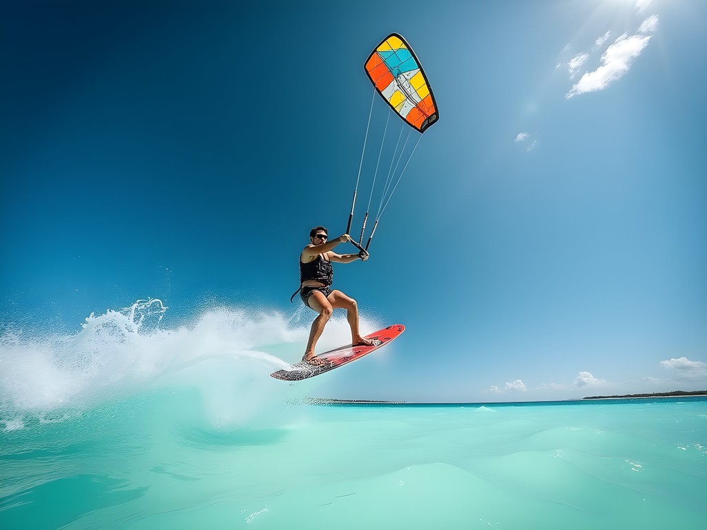 Kiteboarder jumping over turquoise Caribbean waters near Cancun
