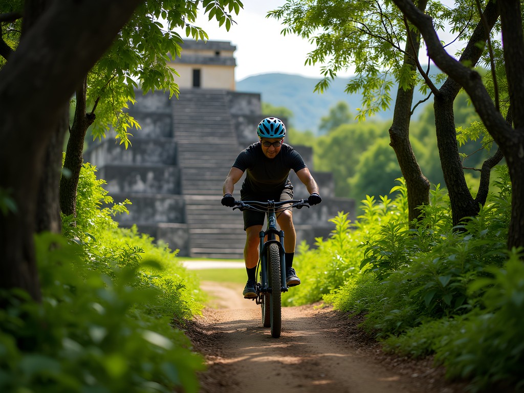 Mountain biker on trail near ancient Mayan ruins in jungle near Cancun