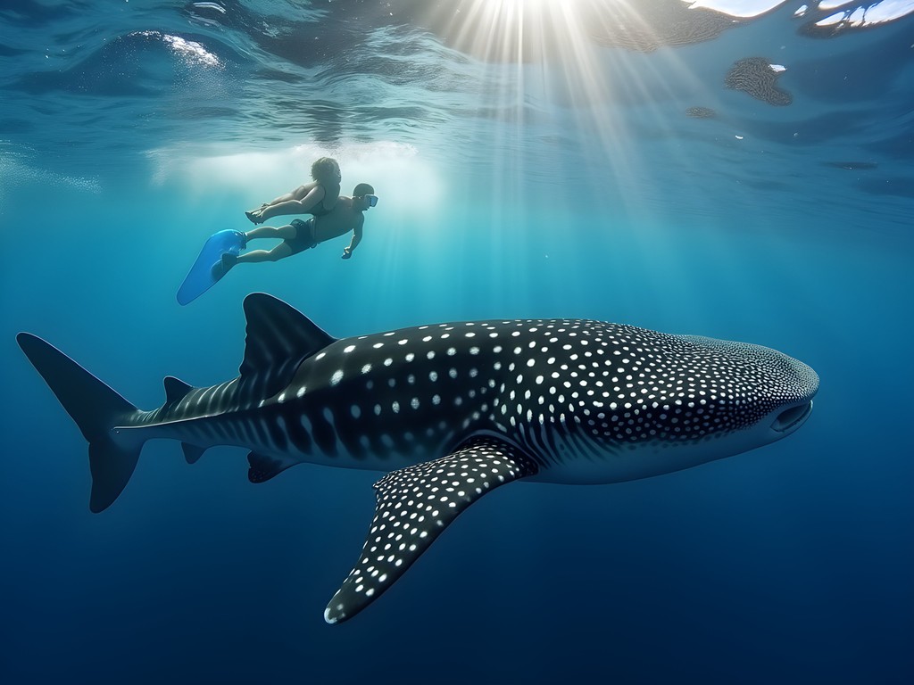 Snorkeler swimming near massive whale shark in waters north of Cancun