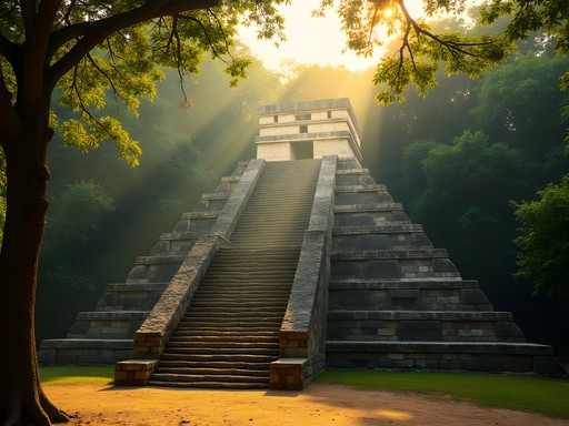 Climber ascending steep ancient steps of Nohoch Mul pyramid at Coba archaeological site during early morning