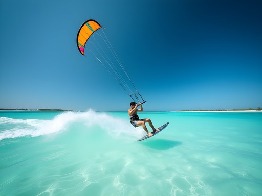 Kiteboarder gliding across turquoise waters at Isla Blanca with colorful kite against blue sky