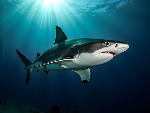 Dramatic underwater night scene of bull shark illuminated by dive lights against dark Caribbean waters