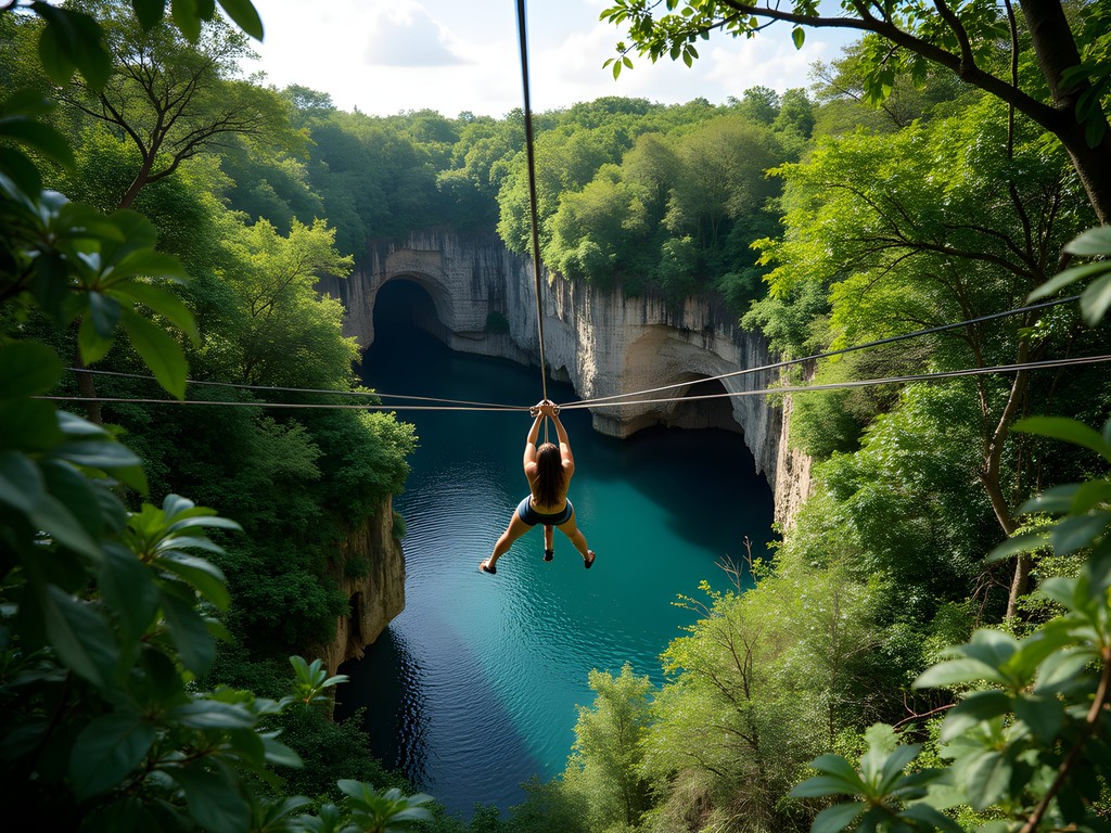 Zip-lining adventure through lush Yucatan jungle canopy with limestone formations visible below