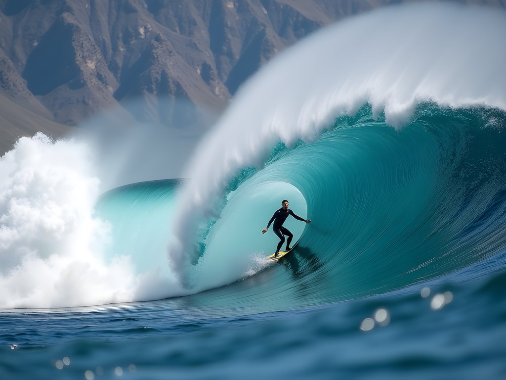 Professional surfer riding massive wave at Dungeons surf spot near Hout Bay, Cape Town