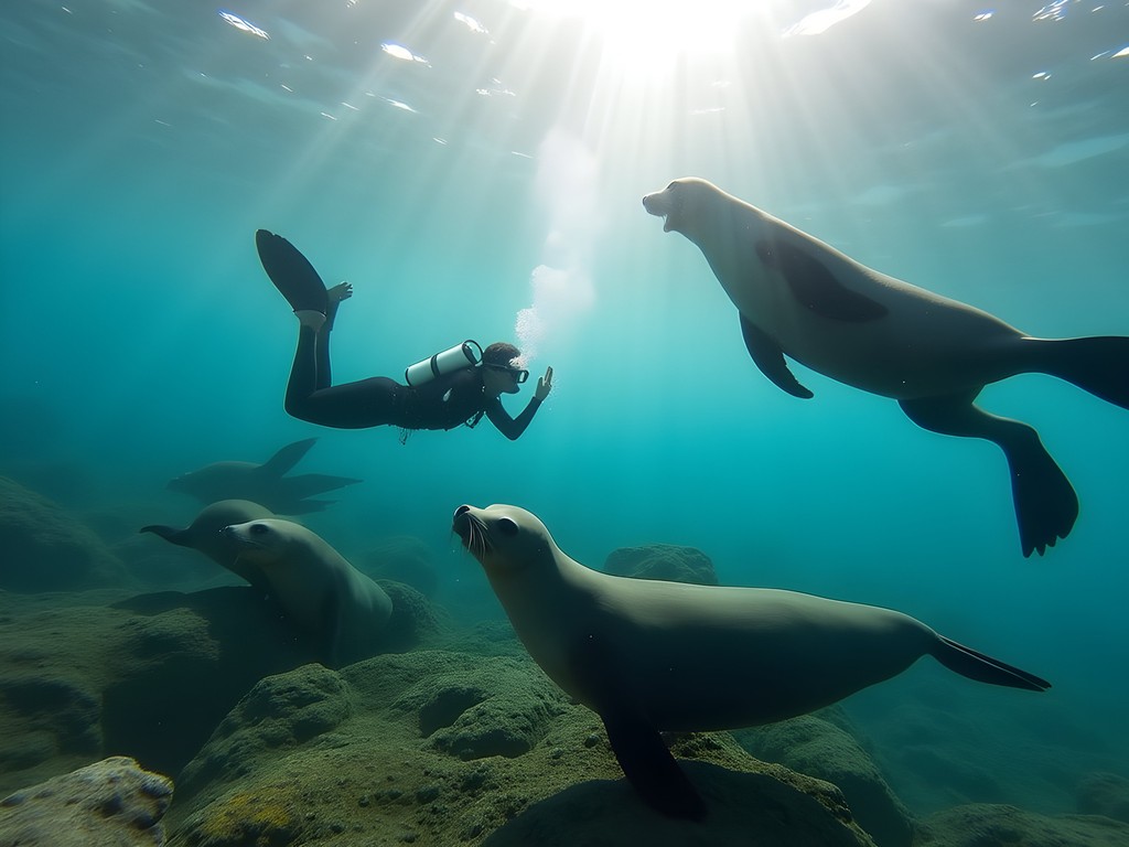 Freediver swimming with playful Cape fur seals underwater near Duiker Island, Cape Town