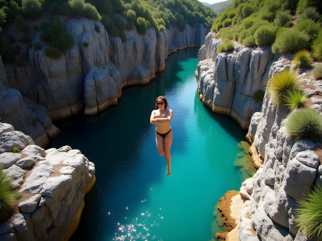 Person mid-jump from cliff into crystal clear mountain pool in Suicide Gorge, Cape Town
