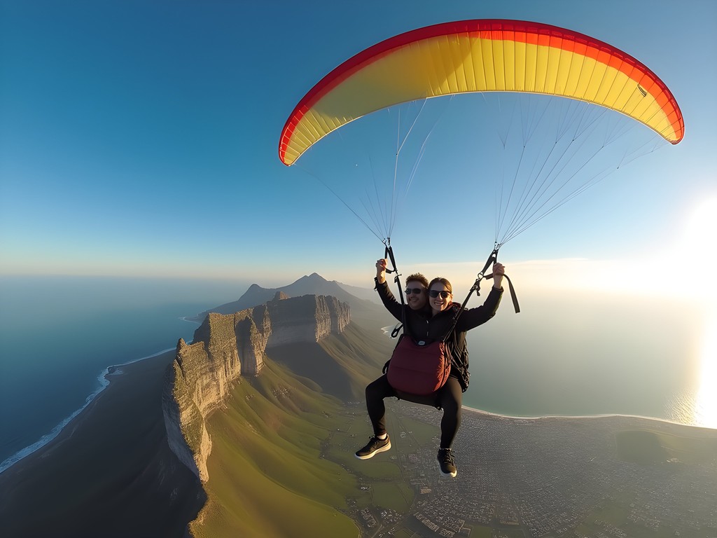 Tandem paragliding over Cape Town with views of Table Mountain and coastline below