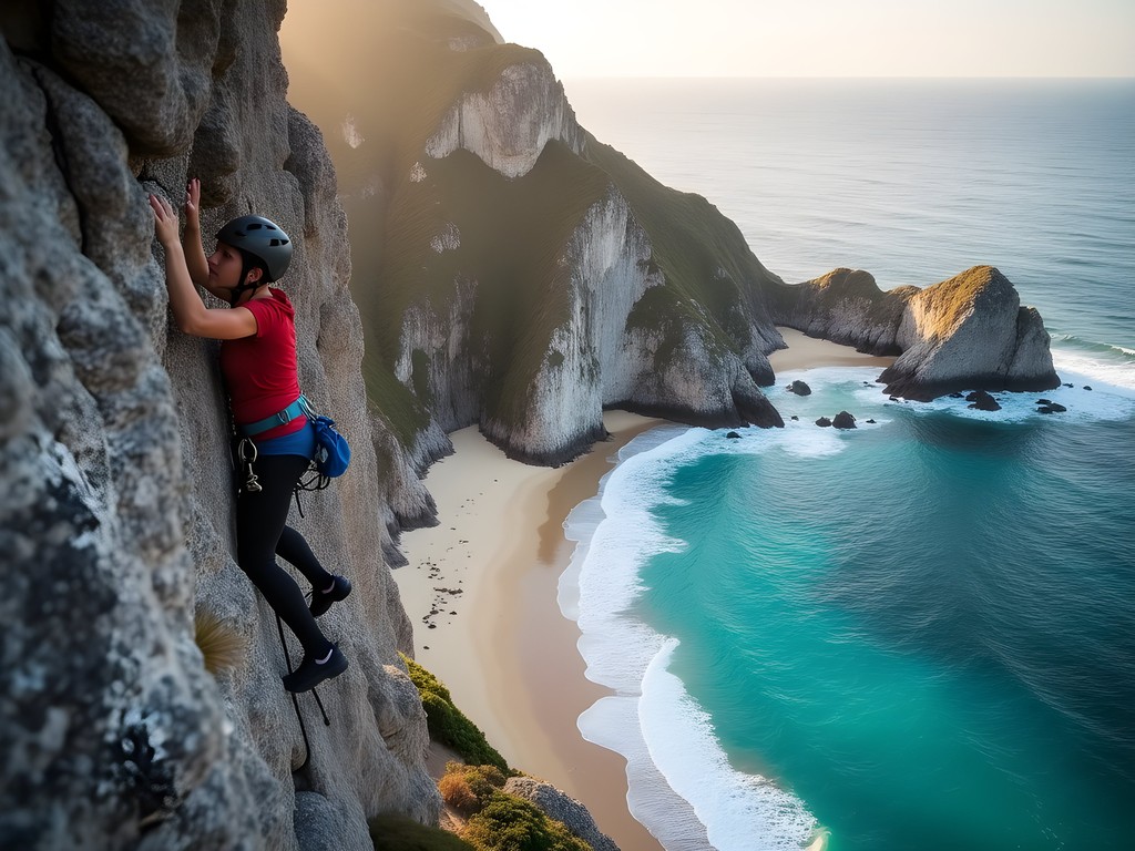 Rock climber scaling granite cliff face overlooking Llandudno Beach in Cape Town