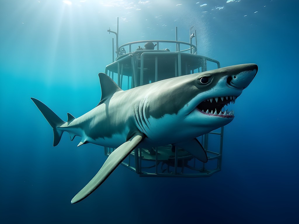 Great white shark approaching shark cage in Gansbaai waters near Cape Town