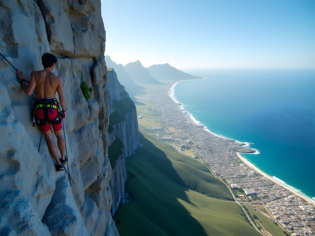 Person abseiling down the sheer cliff face of Table Mountain with Cape Town and ocean views below