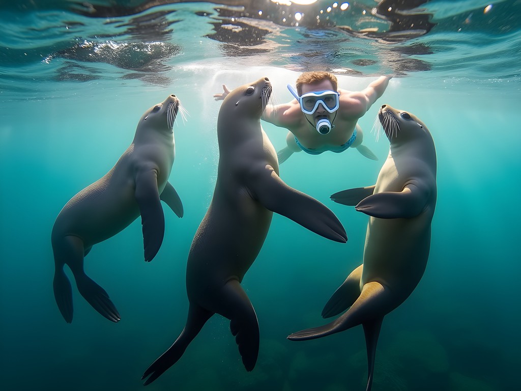 Underwater photograph of playful Cape fur seals swimming with snorkeler near Duiker Island, Cape Town