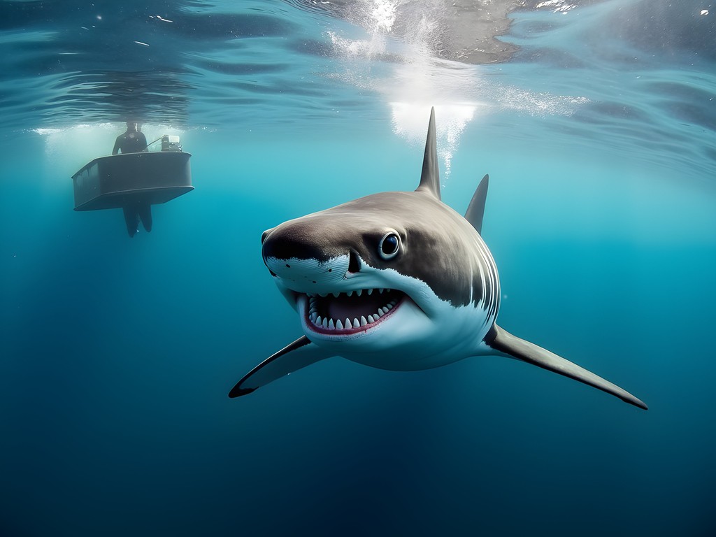 Great white shark approaching underwater cage in Gansbaai near Cape Town