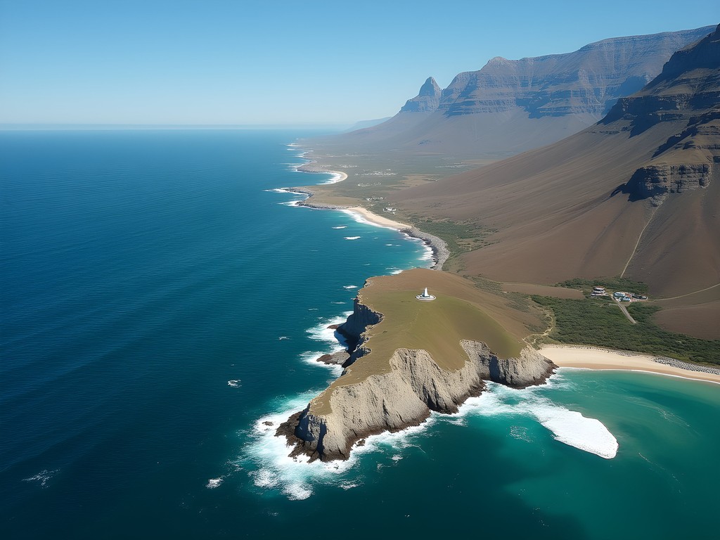 Aerial view from helicopter showing Cape Peninsula coastline where Atlantic and Indian Oceans meet