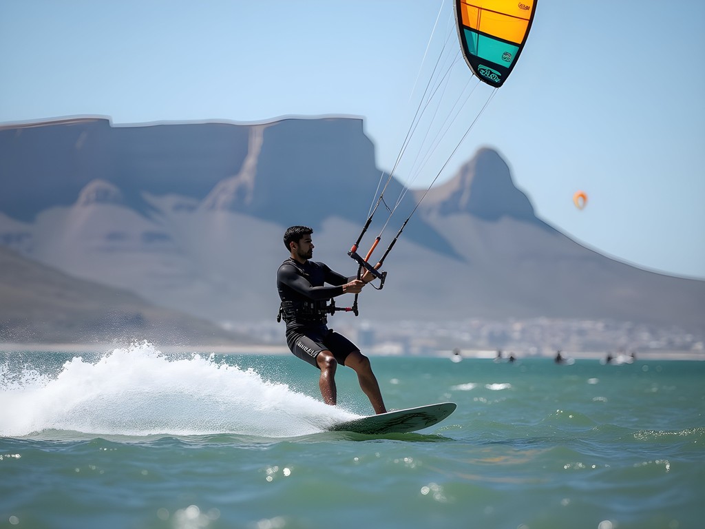 Adventure traveler kiteboarding in Bloubergstrand with Table Mountain view across Table Bay