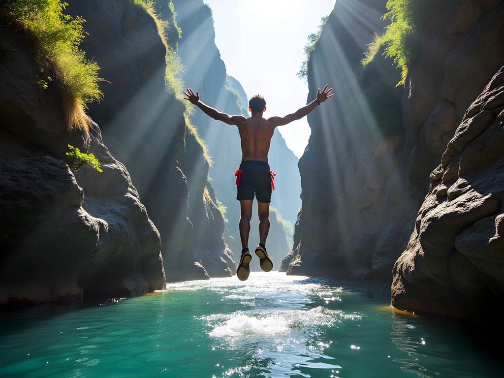 Adventure traveler cliff jumping into crystal clear mountain pool during kloofing expedition in Suicide Gorge near Cape Town