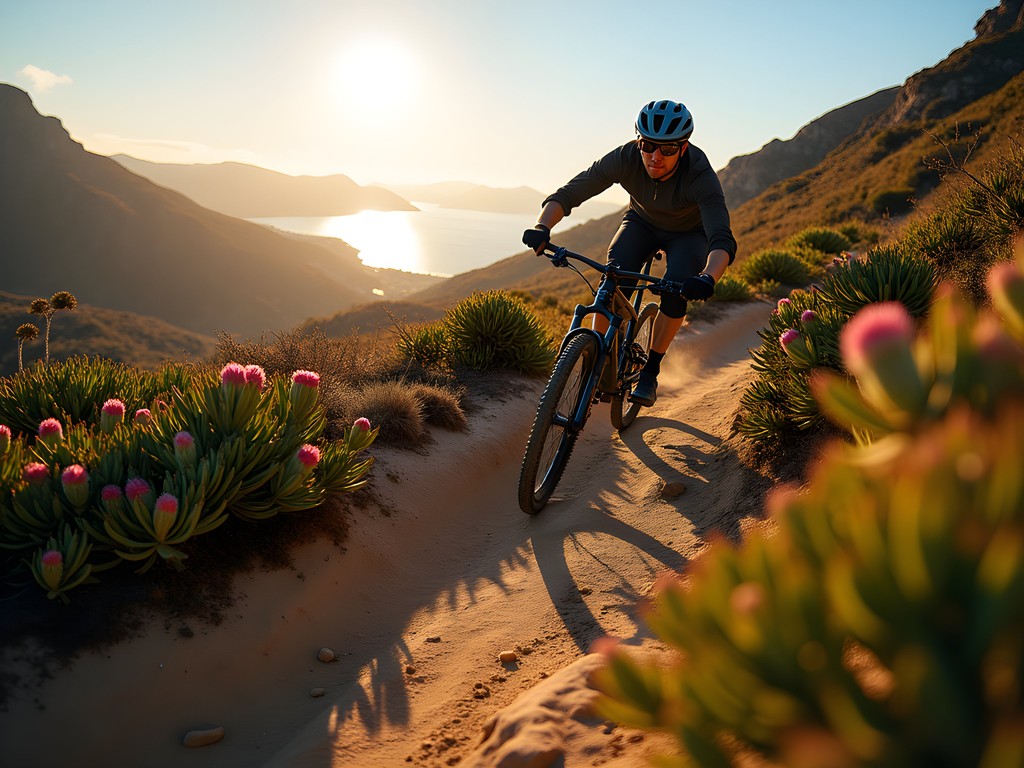 Mountain biker navigating technical single-track trail through fynbos vegetation with Cape Town views