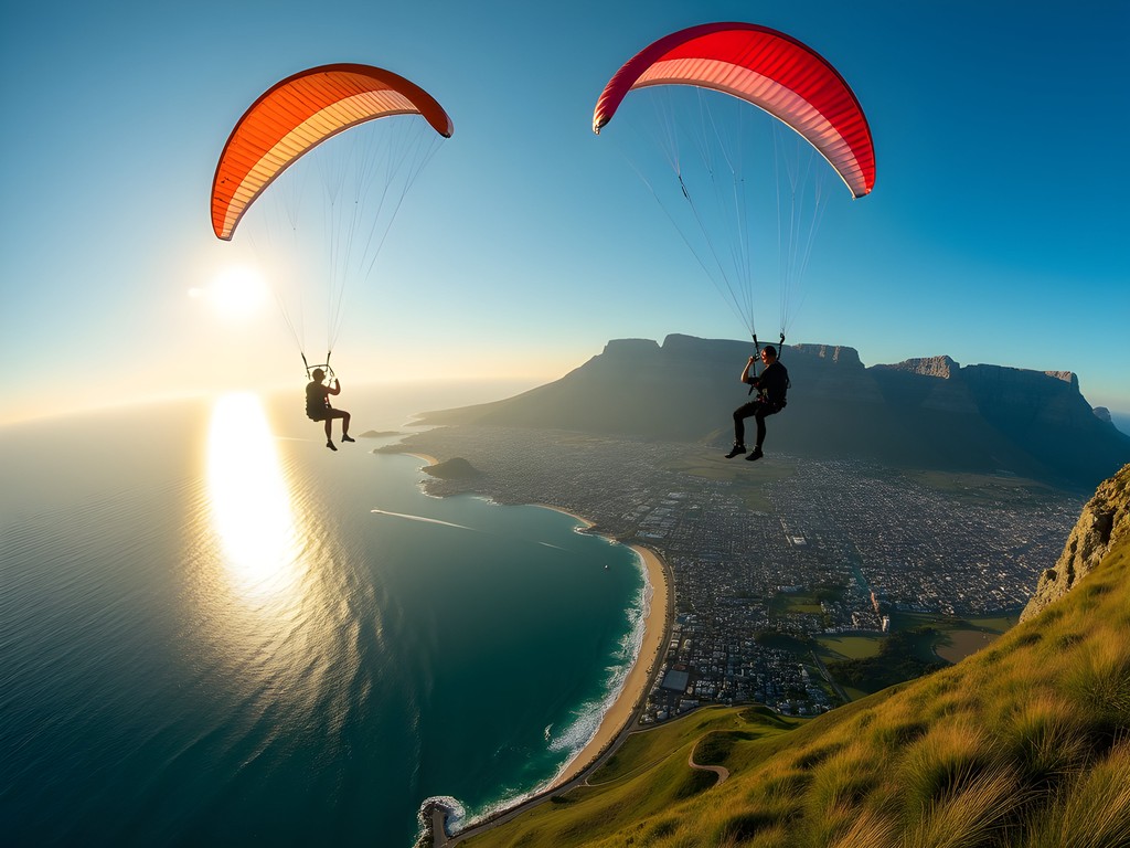 Paragliding over Cape Town from Lion's Head with Table Mountain and coastline visible below