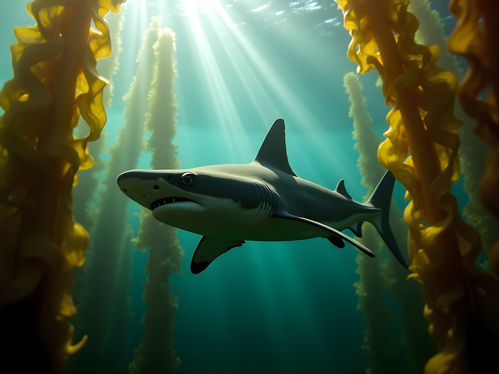 Seven-gill shark swimming through sunlit kelp forest in False Bay near Cape Town