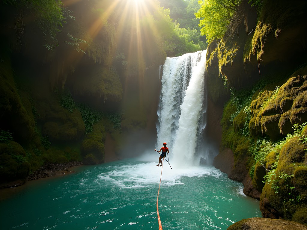 Canyoning through waterfall in hidden ravine near Galipán on Avila mountain