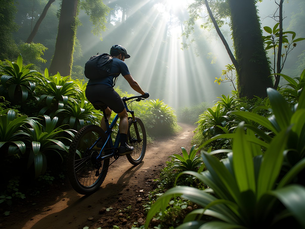 Mountain biker navigating technical forest trail on El Avila mountain above Caracas