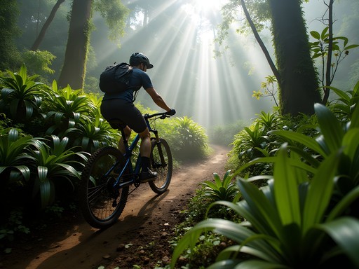 Mountain biker navigating technical forest trail on El Avila mountain above Caracas