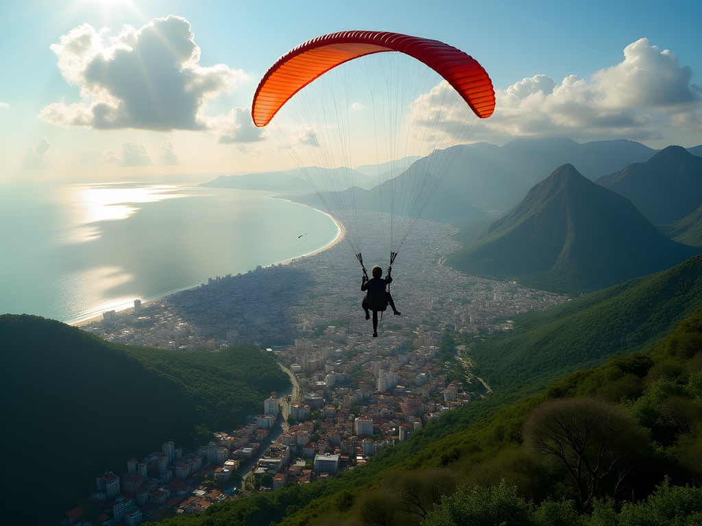Paragliding view of Caracas with El Avila mountain and Caribbean Sea