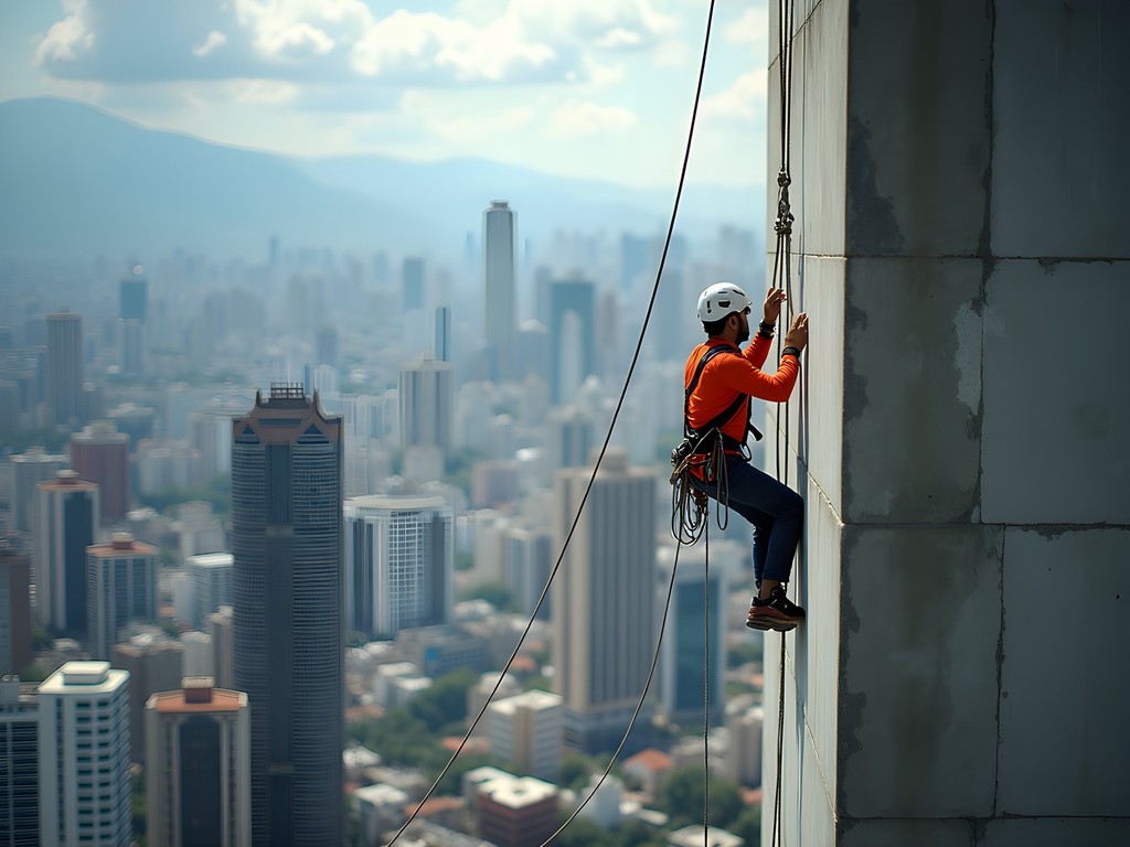 Urban rappelling down the side of an unfinished skyscraper in downtown Caracas