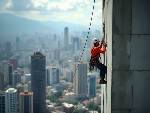 Urban rappelling down the side of an unfinished skyscraper in downtown Caracas