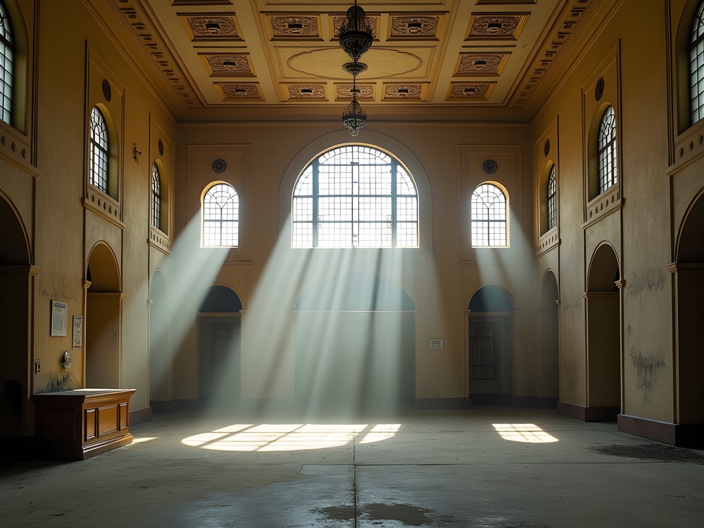 Abandoned Art Deco interior in Casablanca with ornate ceiling and geometric patterns