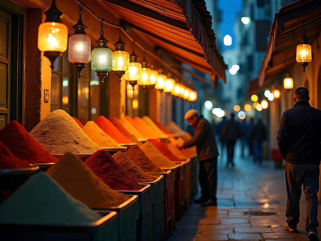 Illuminated spice stall in Casablanca's nighttime souk with colorful spice pyramids