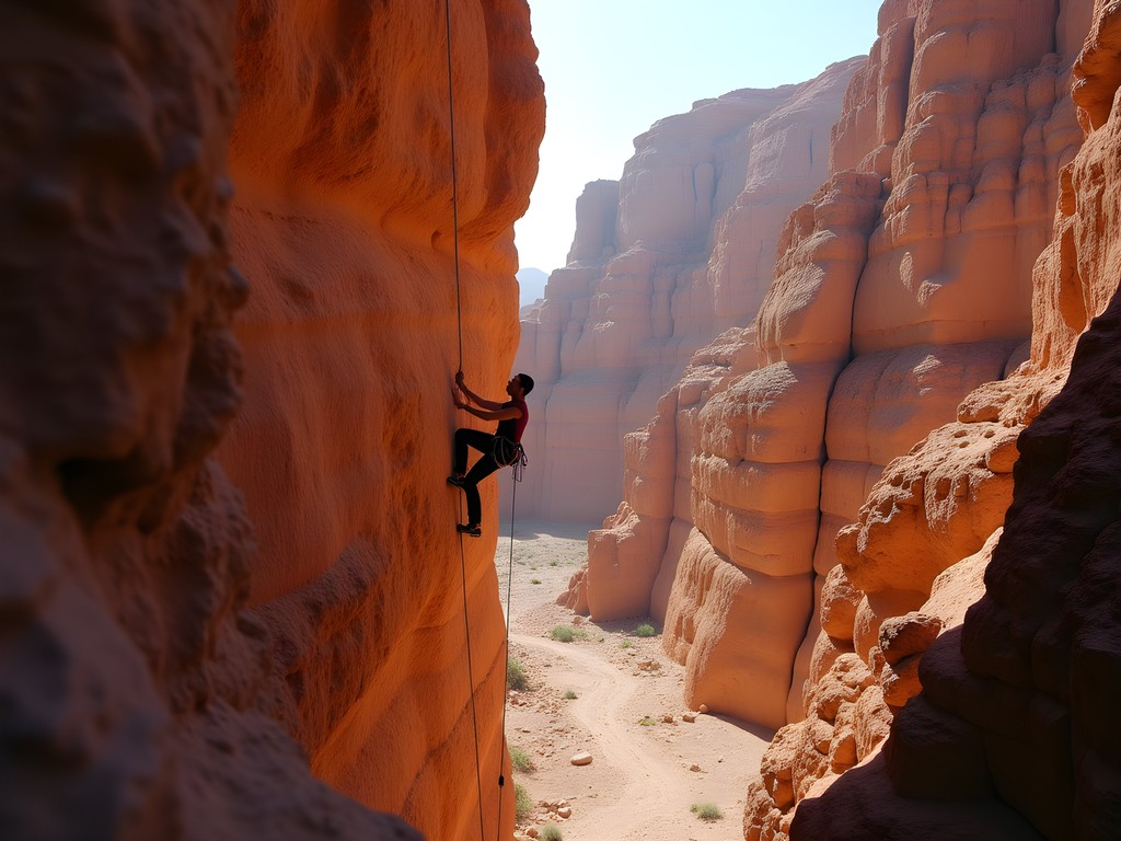Rock climber scaling red limestone walls at Oued Cherrat gorge near Casablanca