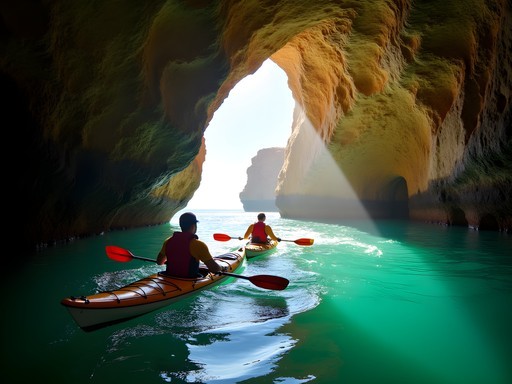 Sea kayakers entering dramatic ocean cave on Casablanca's Atlantic coastline