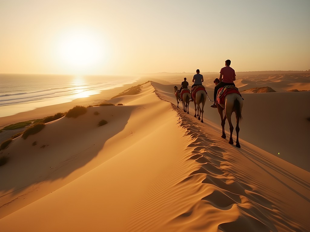 Couple on camel trek along the Tamaris sand dunes with Atlantic Ocean in background near Casablanca