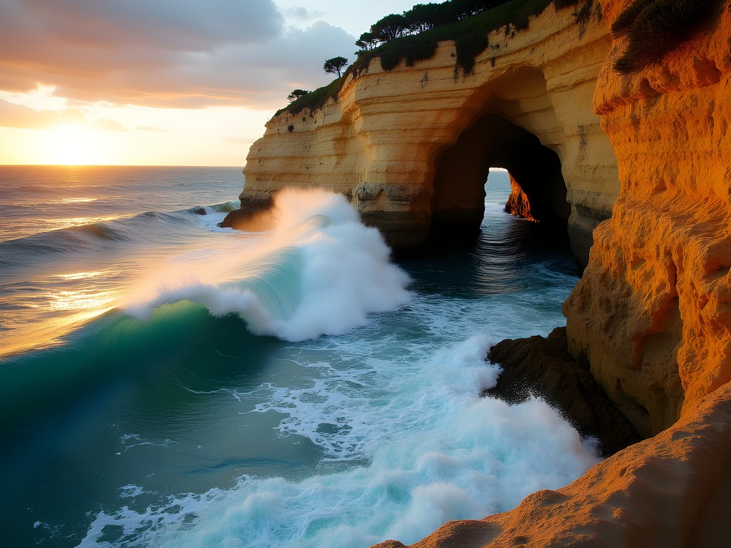 Dramatic waves crashing through Boca do Inferno sea arch at sunset in Cascais