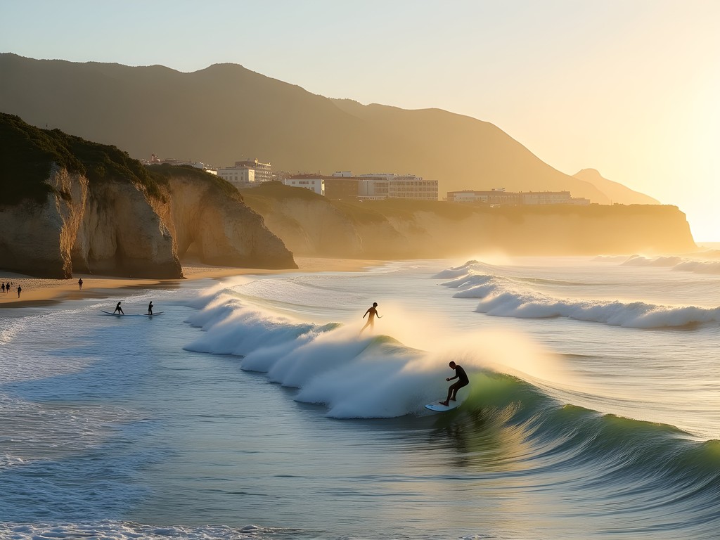Surfers catching waves at Guincho Beach with dramatic cliffs in background