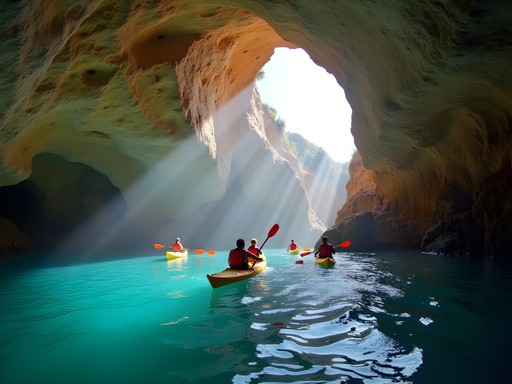 Kayakers exploring illuminated sea caves along Cascais coastline