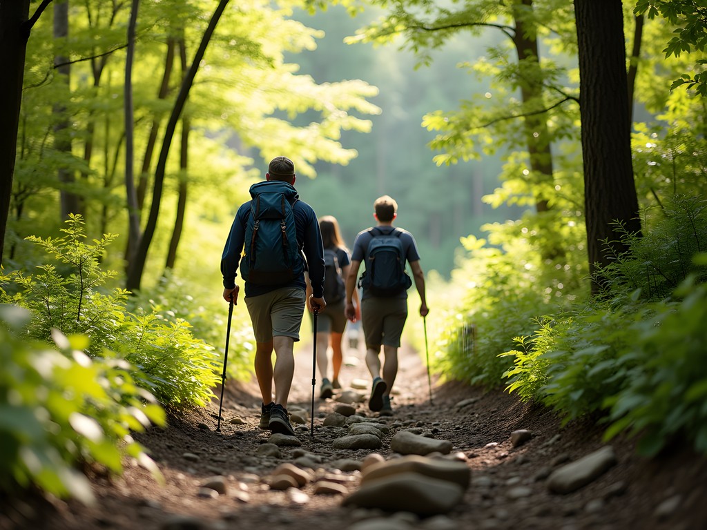Hikers on Rainbow Lake Trail through spring forest in Chattanooga Tennessee