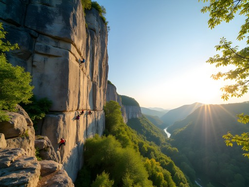 Rock climbers scaling limestone cliffs at Tennessee Wall in Chattanooga