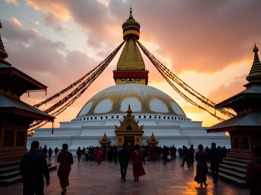 Couple walking around illuminated Boudhanath Stupa at sunset with prayer flags