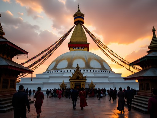 Couple walking around illuminated Boudhanath Stupa at sunset with prayer flags