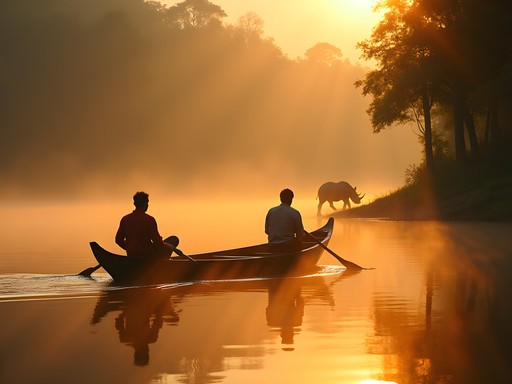 Couple canoeing at sunrise on Rapti River in Chitwan National Park with rhinos visible on shoreline